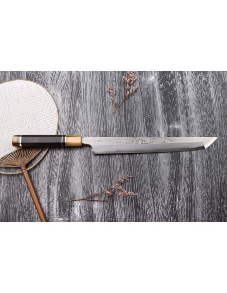 Faca de artesanato japonesa Naoki Mazaki Damascus 27cm chifre claro sakimaru takohiki
