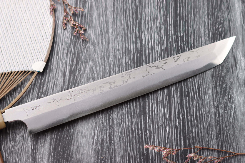 Naoki Mazaki Damascus 27cm kirkas sarvi sakimaru takohiki japanilainen käsityöveitsi