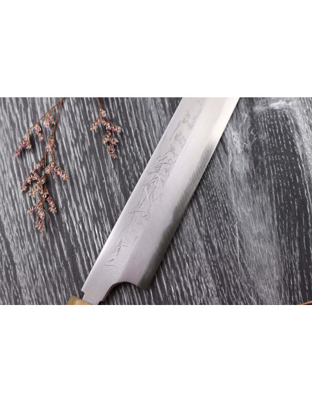 Naoki Mazaki Damasco 27cm corno chiaro sakimaru takohiki coltello giapponese artigianale