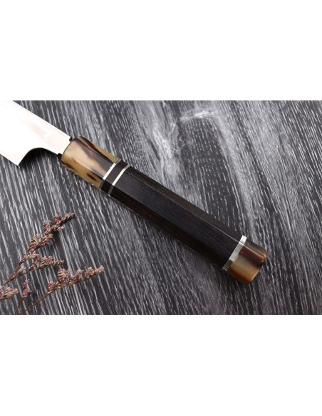Sakimaru takohiki japanisches handgefertigtes Messer Naoki Mazaki Damascus abgeschrägt 27cm helles Horn
