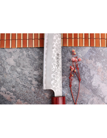 Japanisches handgefertigtes Sujihiki-Messer Tsunehisa Aogami Super gehämmert 24cm