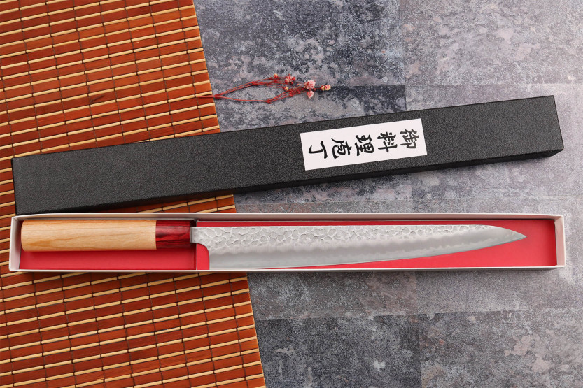 Japanisches handgefertigtes Sujihiki-Messer Tsunehisa Aogami Super gehämmert 27cm