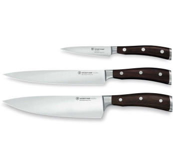 Sett med 3 Wusthof Ikon smidde kniver - kontor 9cm + tranchelard 20cm + kokk 20cm