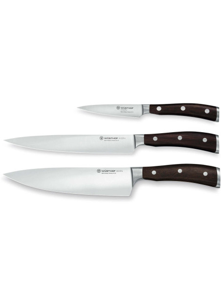 Conjunto de 3 facas forjadas Wusthof Ikon - escritório 9cm + tranchelard 20cm + chef 20cm