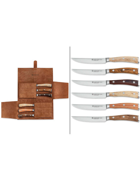 Sett med 6 Wüsthof Ikon smidde biffkniver 12 cm med skinnveske