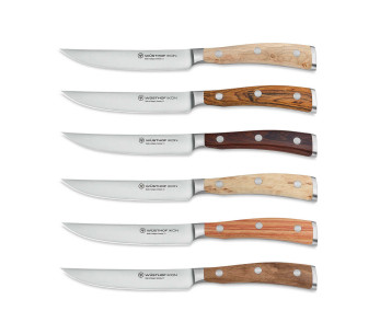 6 kpl Wüsthof Ikon 12cm taottu pihviveitsisarja nahkapussin kanssa 2