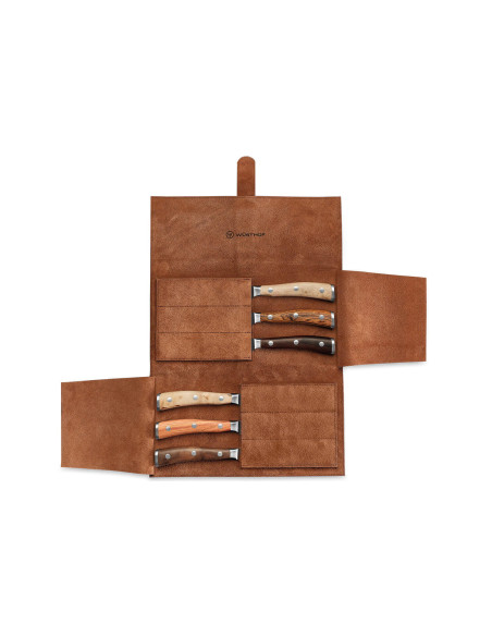 Sett med 6 Wüsthof Ikon smidde biffkniver 12 cm med skinnveske