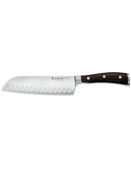 Wüsthof Ikon 17cm taottu santokuveitsi grenadilla-puulla, jossa on granton-teräys