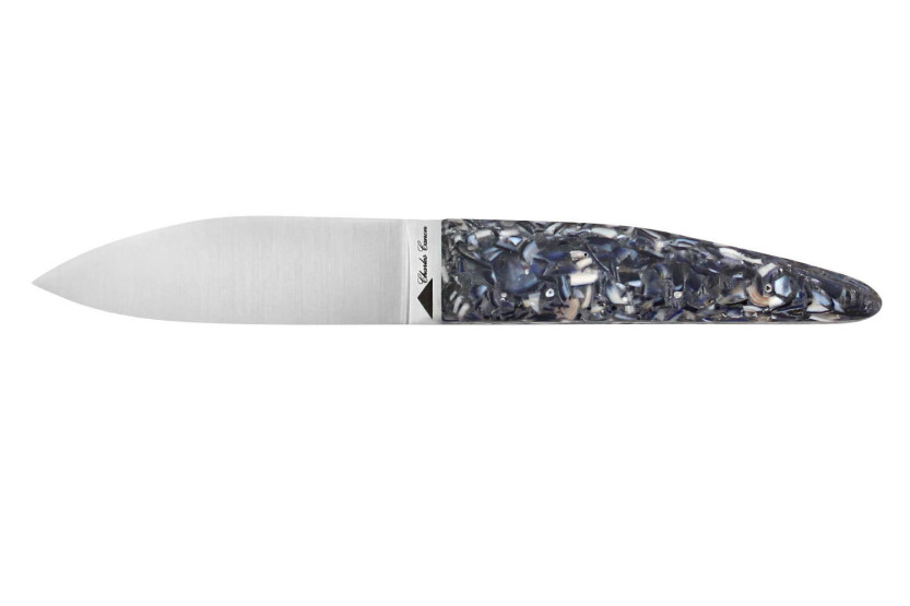 Cuchillo para ostras Charles Canon con mango de concha de mejillón fabricado en Francia + estuche de madera