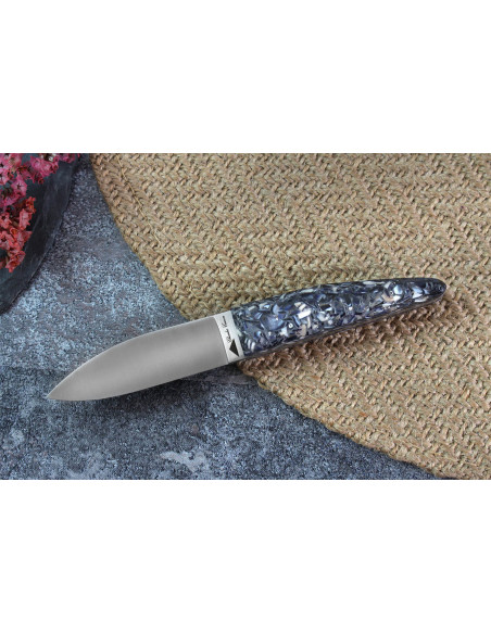 Cuchillo para ostras Charles Canon con mango de concha de mejillón fabricado en Francia + estuche de madera