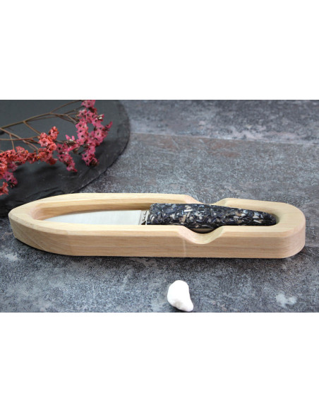 Cuchillo para ostras Charles Canon con mango de concha de mejillón fabricado en Francia + estuche de madera