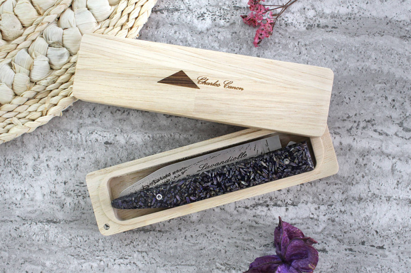Charles Canon Lavandiolle Vouwmes Provence lavendel handvat gemaakt in Frankrijk + houten koffer