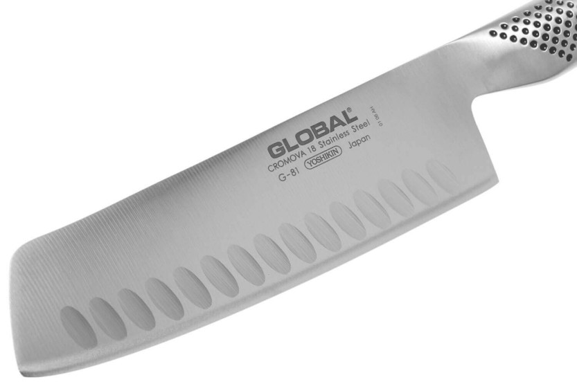Global G81 Japanilainen vihannesveitsi, 18cm, jossa on Granton-särmäterä