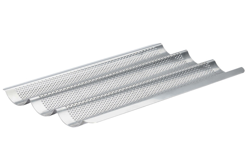 De Buyer perforated stainless steel baking tray for 3 baguettes