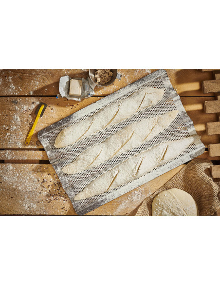 De Buyer perforated stainless steel baking tray for 3 baguettes