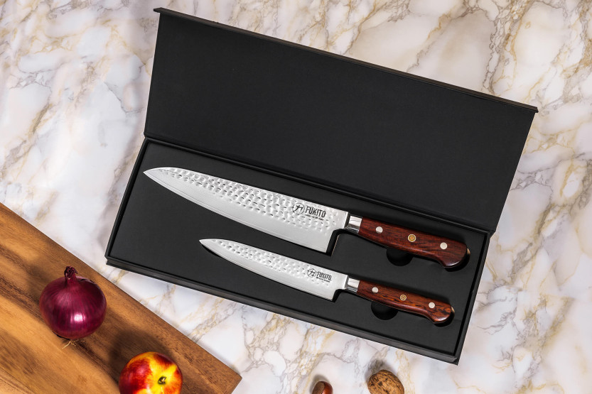 Conjunto de 2 facas de cozinha Fukito Rosewood Damascus 67 camadas: Universal + Chef