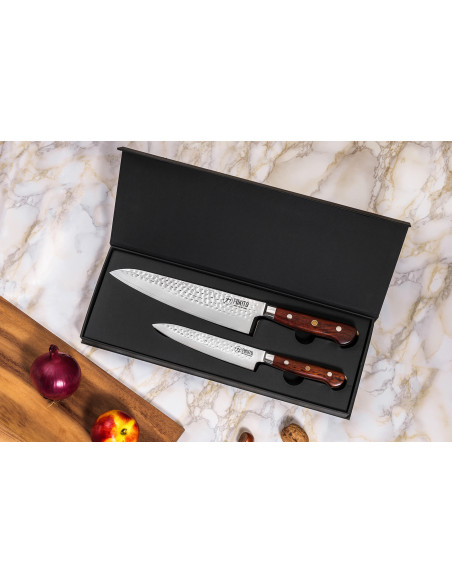 Conjunto de 2 facas de cozinha Fukito Rosewood Damascus 67 camadas: Universal + Chef