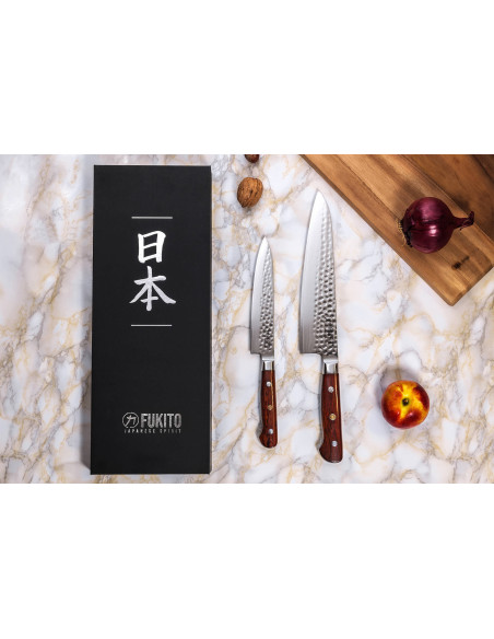 Conjunto de 2 facas de cozinha Fukito Rosewood Damascus 67 camadas: Universal + Chef