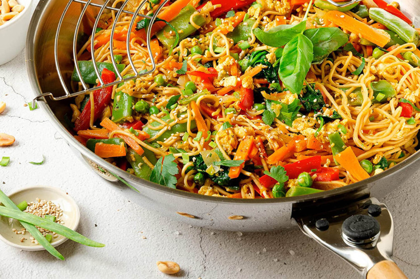 Mastrad O'Wok Gourmet wok em aço inoxidável com pega amovível e grelhador