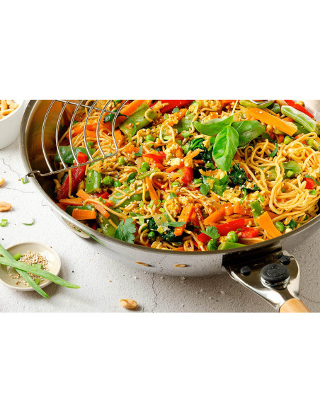 Mastrad O'Wok Gourmet wok em aço inoxidável com pega amovível e grelhador