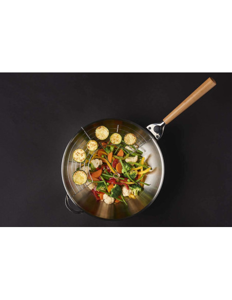 Mastrad O'Wok Gourmet wok em aço inoxidável com pega amovível e grelhador
