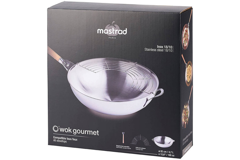 Mastrad O'Wok Gourmet wok em aço inoxidável com pega amovível e grelhador