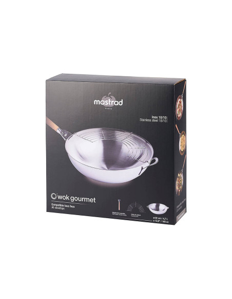 Mastrad O'Wok Gourmet stainless steel wok with removable handle and grill