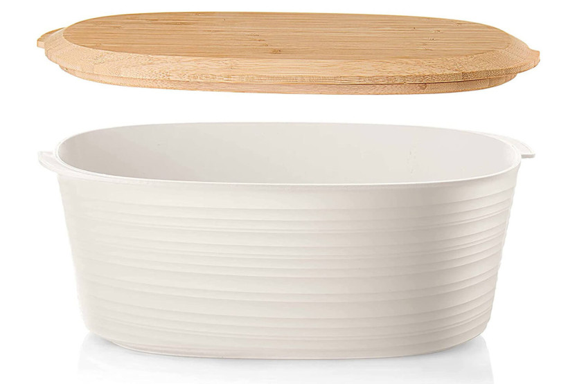 Guzzini Tierra white bread box in recycled bottles and bamboo