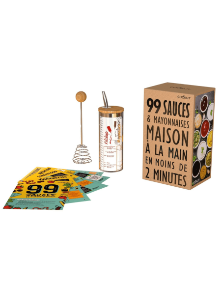 Set zur Herstellung von 99 Cookut-Saucen mit dem Rezept + 1 graduierter Shaker und 1 Tornado-Schneebesen