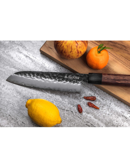 Sayuto Sequoia San Mai hammered santoku knife 18cm