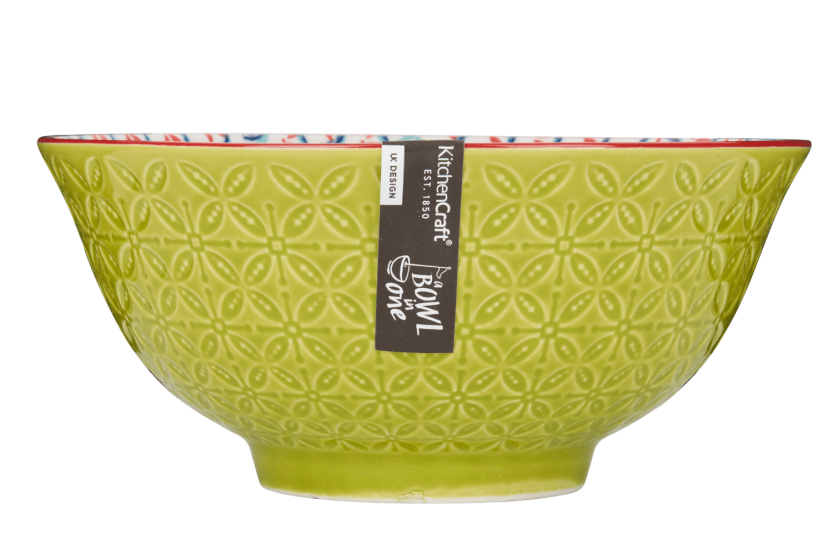 KitchenCraft glazed stoneware bowl, green geometric pattern