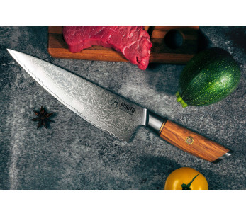 Fukito Olive Damaskus kockkniv 14Cr 21cm 2