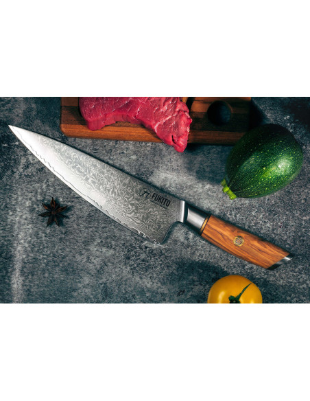 Fukito Olive Damaskus kockkniv 14Cr 21cm
