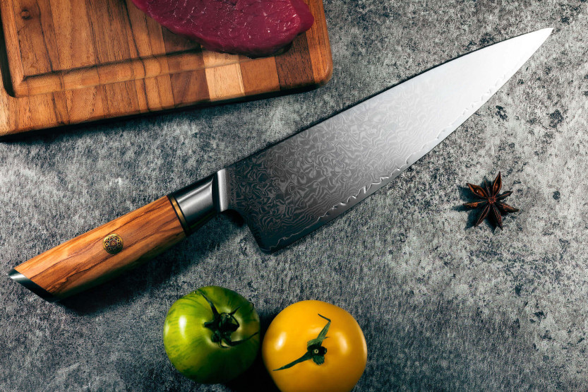Fukito Olive Damaskus kockkniv 14Cr 21cm