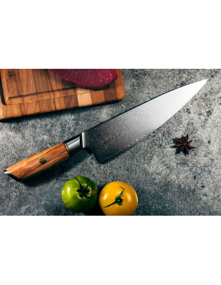 Fukito Olive Damaskus kokkekniv 14Cr 21cm