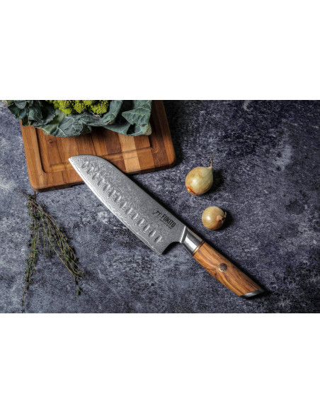 coltello santoku Fukito Olive Damascus 14Cr 18 cm con fossette