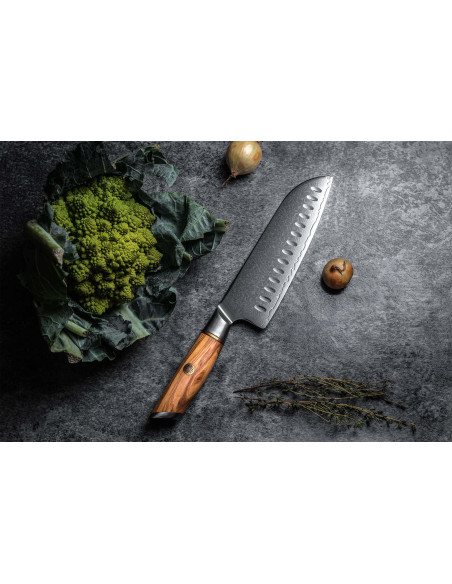Fukito Olive Damascus 14Cr 18 cm santokukniv med grantonskær