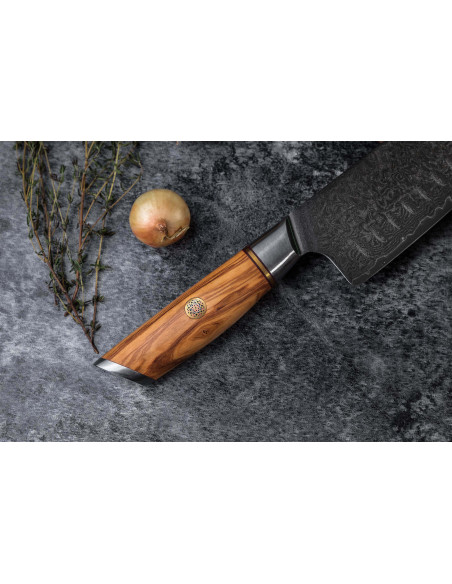Fukito Olive Damascus 14Cr 18cm santoku knife with granton edge
