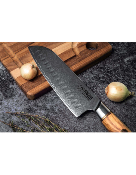 Fukito Olive Damascus 14Cr 18 cm santokukniv med granton-egg