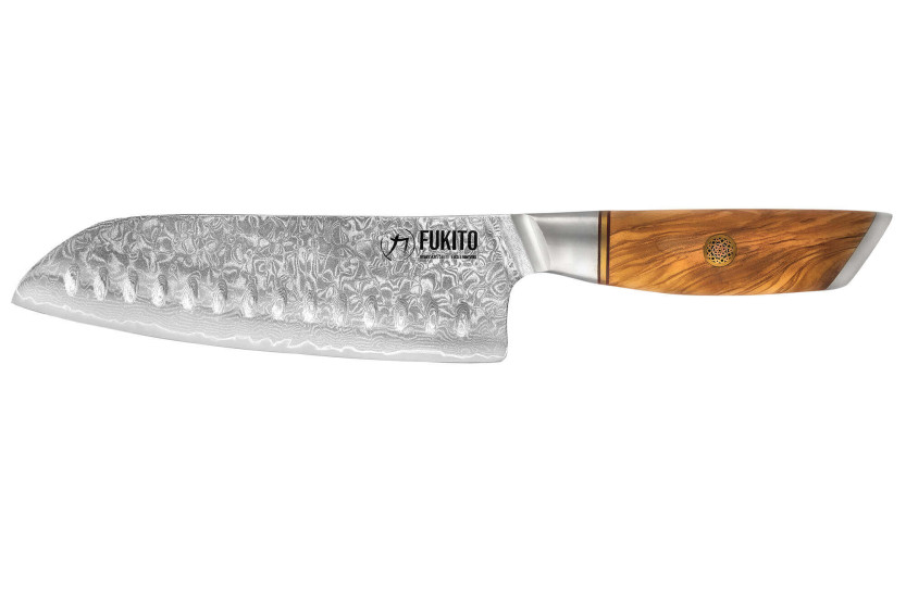 coltello santoku Fukito Olive Damascus 14Cr 18 cm con fossette