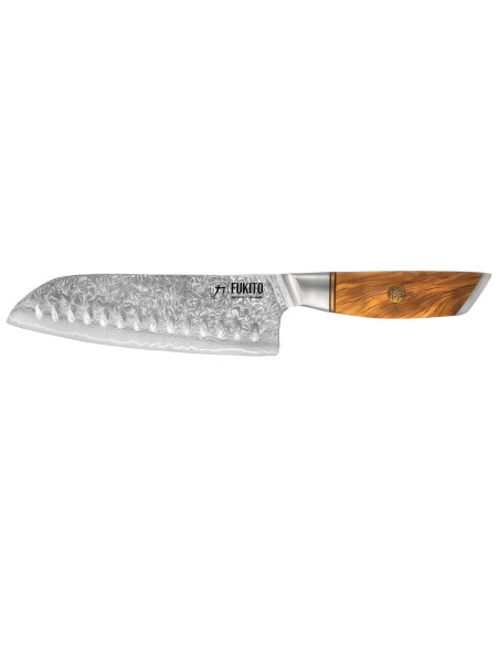 Fukito Olive Damascus 14Cr 18 cm santokukniv med grantonskær