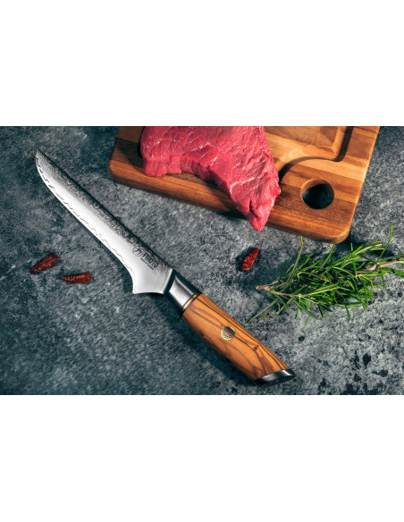 Fukito Olive Damascus 14Cr 15cm boning knife