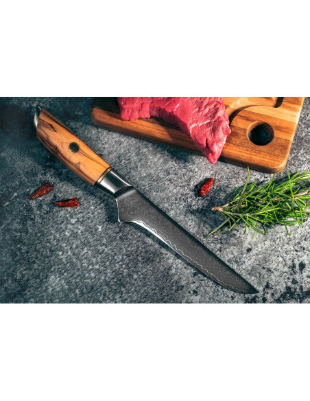 Fukito Olive Damascus 14Cr 15cm boning knife