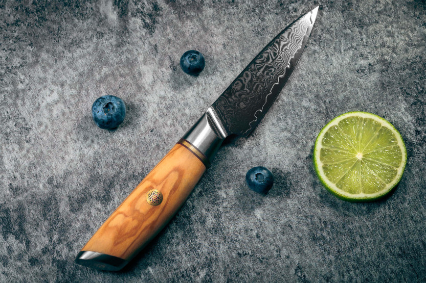 Cuchillo de pelar Fukito Olive Damascus 14Cr 9cm