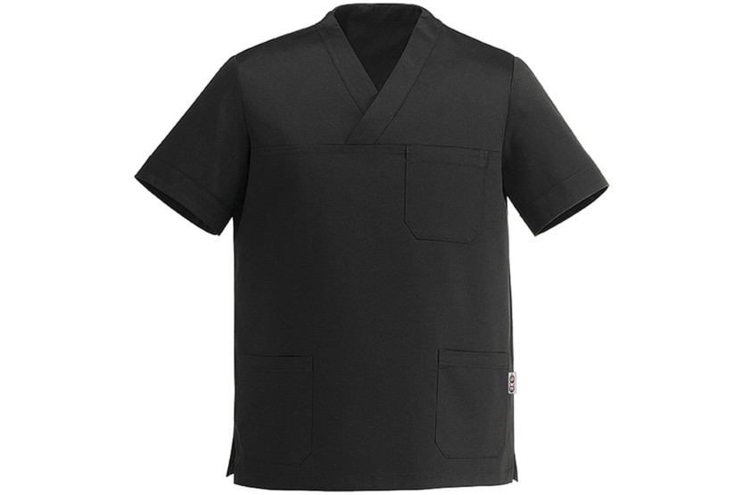 Chaqueta de cocina unisex de manga corta Egochef Leonardo negra de poliéster y algodón
