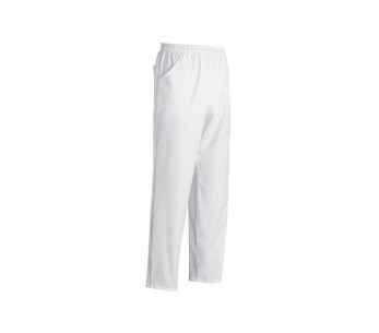 Egochef Coulisse valkoiset 100 % puuvillaiset unisex keittiöhousut taskuilla.