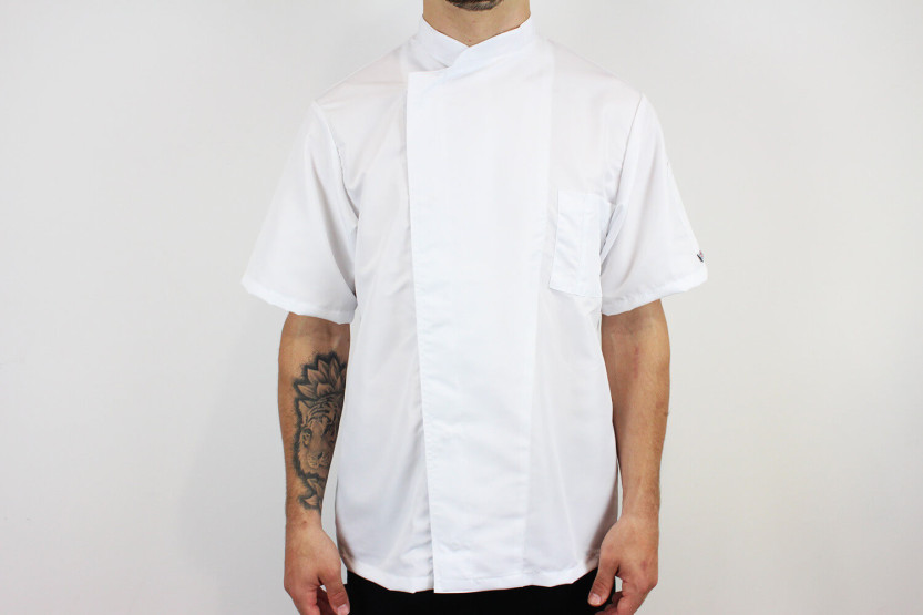 Chaqueta de cocina unisex de manga corta Egochef Ottavio Air Plus blanca 100% microfibra