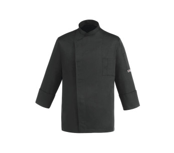 Egochef Cheap Air Plus musta polyesteristä ja puuvillasta valmistettu pitkähihainen unisex-keittiötakki.