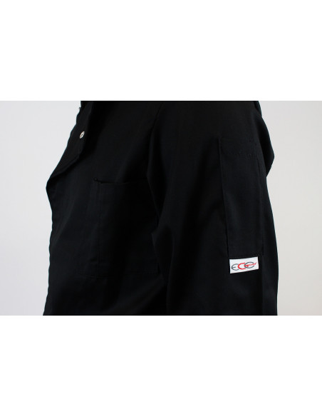 Egochef Cheap Air Plus musta polyesteristä ja puuvillasta valmistettu pitkähihainen unisex-keittiötakki.