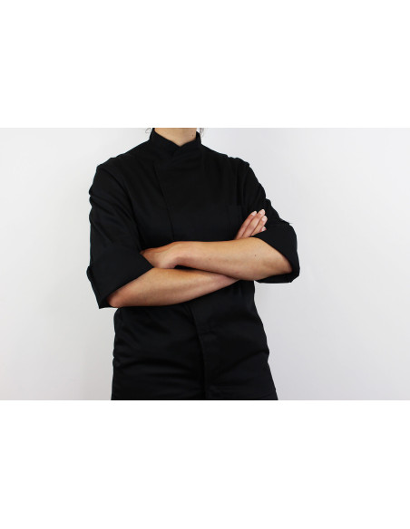 Egochef Cheap Air Plus musta polyesteristä ja puuvillasta valmistettu pitkähihainen unisex-keittiötakki.